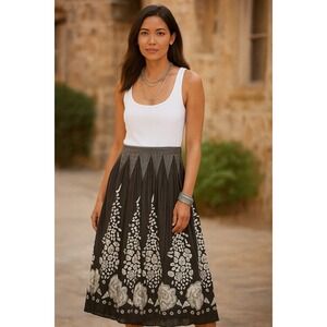 Anthropologie Lapis Floral Midi Skirt Sz Medium Black Gray Pleated Boho Festival